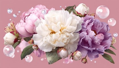 A vibrant bouquet of peonies in pastel hues with floating bubbles