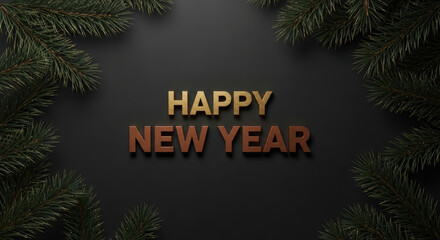 Happy New Year Typography on Dark Background with Fir Branches Decorative Greetings Holiday Season Celebration Festive Design