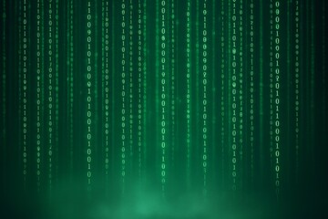 Glowing green binary code streams on digital abstract background with futuristic light effect and copyspace for tech or cybersecurity concepts. Ai generative