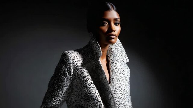 A captivating model showcases a stunning, intricately embroidered silver jacket, exuding elegance and sophistication against a dramatic shadowy background, emphasizing the artistry of fashion design.