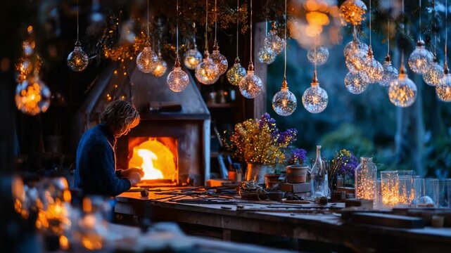 Crafting Warmth and Light: A Dedicated Artisan Shapes Glassware Amidst a Cozy Workshop Glowing with Decorative Orbs and Nature-Inspired Accents