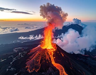 Volcano erupts, spewing lava, ash, under pastel sunset