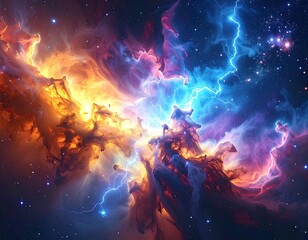Colorful nebula with lightning-like cosmic energy bursts