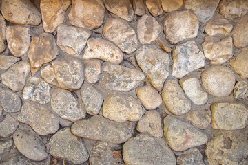 Round cobblestone pavement texture. High resolution close-up of round cobblestones forming natural pavement, detailed background.