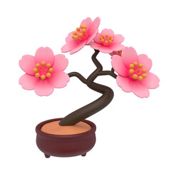 Blooming Pink Sakura Bonsai Tree on Transparent Background Featuring Detailed Branch Structure and Petal Texture in a Brown Pot 3D Render