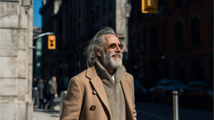 Smiling senior man walking down a city street on a sunny day. He is wearing a stylish coat and sweater and has long gray hair and a beard.