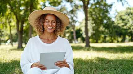 Young woman with tablet in park enjoying reading in natural light, smiling happily
