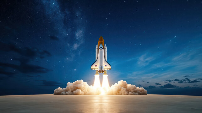 Futuristic space shuttle launches into night sky, surrounded by stars and clouds