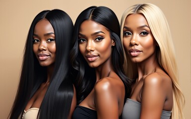 Three beautiful black women model with long black and blonde hair extensions, beauty concept, beige background. High quality