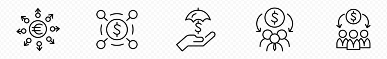 Business marketing icon set in line style. Containing agreement, donation, handshake, partnership, money, social media, megaphone, sponsor, purchase, Vector illustration