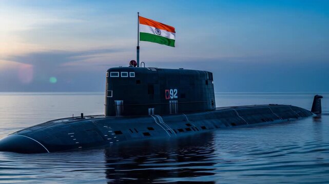 Indian Navy Day Submarine in the Sea displaying the Tiranga Flag at Sunset Celebrating Naval Power