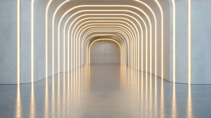 Obraz premium Futuristic tunnel with glowing lights and smooth concrete walls creates serene atmosphere