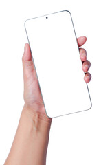 A hand holding a cell phone with a white background. Hand business man holding mobile smartphone with blank screen isolated on white background with clipping path