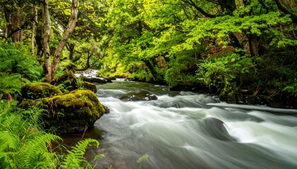 Fototapeta premium Fast-flowing river through a lush green forest