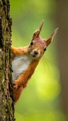 Fototapeta premium Curious squirrel peering from a tree trunk