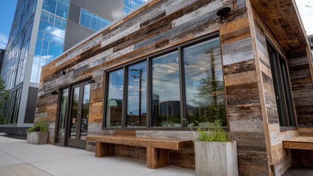 Medium shot capturing a combination of bamboo and reclaimed wood storefront cladding illustrating innovative green materials for sustainable commercial building exteriors.