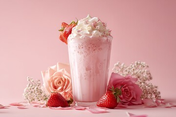Iced strawberry-rose milkshake with whipped cream topping, pastel light pink background