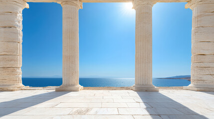 Ancient Greek temple ruins with marble columns overlooking sea create serene atmosphere
