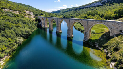 Fototapeta premium Ancient Roman aqueduct crossing valley, historic structure reflecting in water