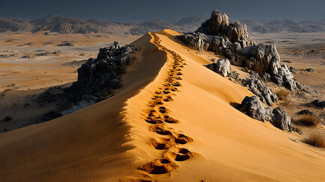 Stunning desert landscape with footprints leading over golden sand dune, perfect for travel, adventure, or overcoming obstacles concepts