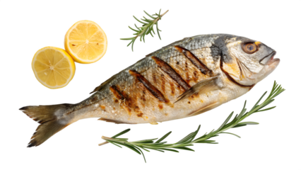 Grilled whole fish with lemon slices and rosemary sprigs on black grilled fish seafood