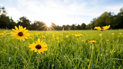 Fototapeta premium Beautiful spring meadow with vibrant yellow flowers and sunlight shining through trees