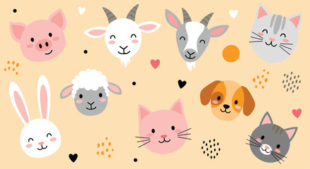 Cute farm animals with hearts and dots for backgrounds.
