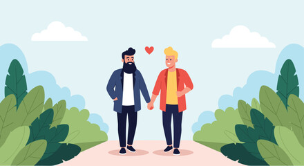 Two men holding hands and walking together in a park during daytime.