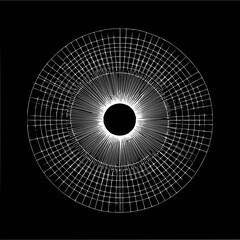 Circular grid pattern with radial lines emanating from a central black hole on black background