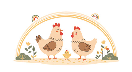 Fototapeta premium A charming illustration of two adult chickens and a chick standing under a pastel rainbow and blooming flowers.