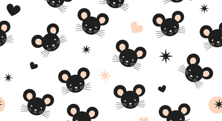 A charming pattern of cute black mice faces with pink hearts and stars.