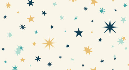 A whimsical pattern of scattered golden teal and navy blue starbursts and simple stars on a cream background.
