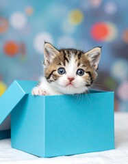 Cute kitten in a blue gift box