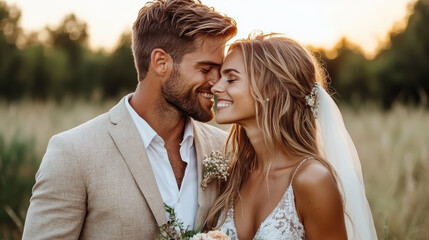 Dreamy couple embracing at sunset in field, capturing romantic moment