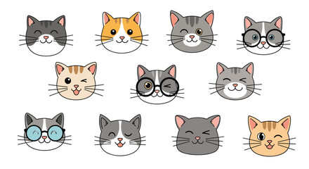A collection of cute cartoon cat faces with various expressions and accessories.