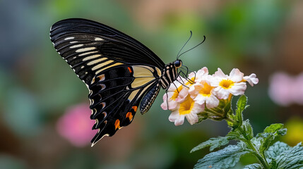 Butterfly resting on colorful flower, showcasing intricate patterns and vibrant colors