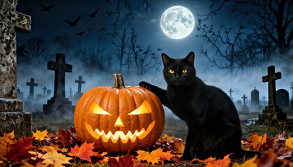 Black Cat with Jack-o'-Lantern amidst Moonlit Graveyard on Halloween Night