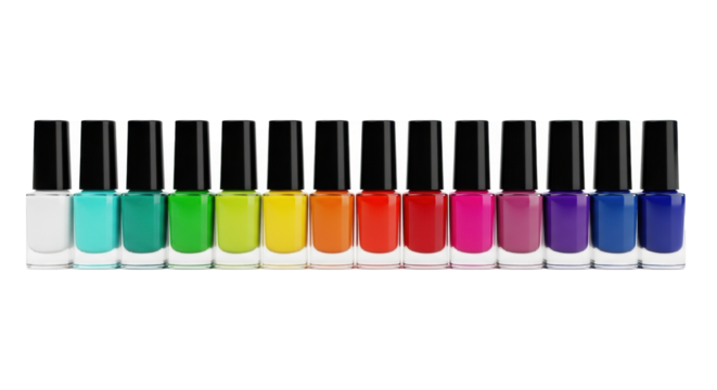 Horizontal line of identical nail polish bottles, clear glass, black caps, vibrant color spectrum on transparent background with copy space. Concept of clean beauty product presentation and variety