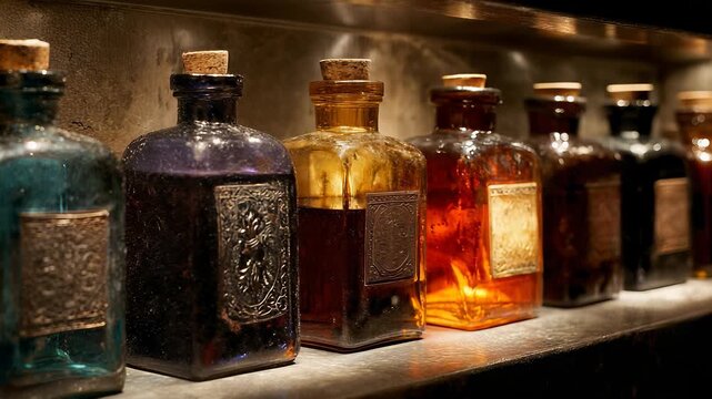 Row of Antique Apothecary Bottles with Cork Stoppers and Decorative Labels, Vintage Glass Bottles on a Shelf, Dark and Moody Lighting