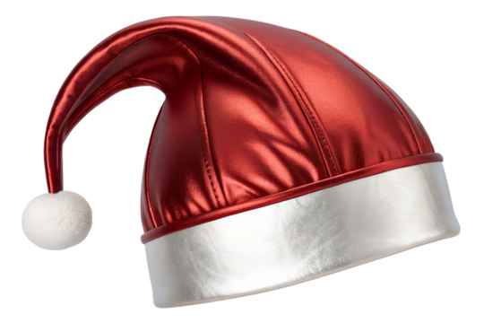 Shiny Red Elf Hat or Santa Helper Cap with White Pom-Pom, Isolated