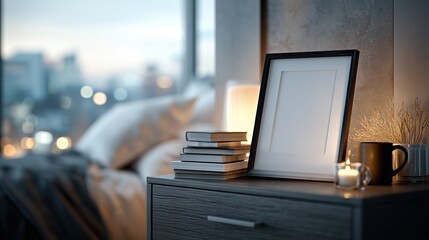 Empty picture frame on wooden bedside table with books and candle in modern bedroom interior at dusk.