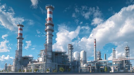 Obraz premium Heavy industry factory powered by ammonia-cracking clean technology, smokeless chimneys, futuristic hydrogen storage tanks, eco-friendly power infrastructure