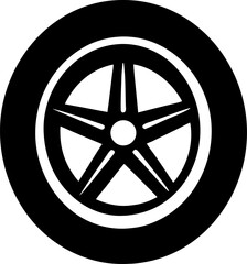 A simple black silhouette of a car tire on a white background