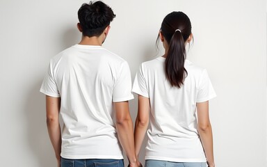 Asian man and woman couple wearing white t-shirt. Front and back t-shirt mockup for couple. High quality