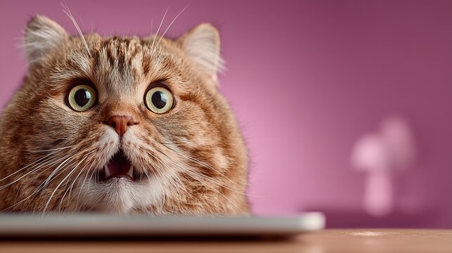 Close-up of a surprised brown tabby cat with green eyes and whiskers against a pink background with blurred objects.