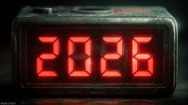 Digital alarm clock displaying the year 2026 in bright red numbers. The clock has a dark, textured surface and a simple design.