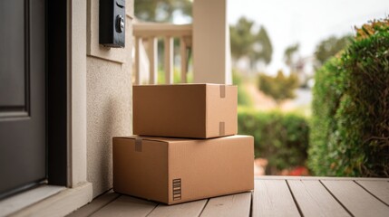 Two stacked parcels sit neatly beside a modern door, showcasing a welcoming entrance with a blend of contemporary design and natural surroundings, perfect for delivery themes