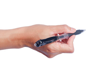 a woman's hand holding a pen isolated on white. png image