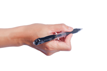 a woman's hand holding a pen isolated on white. png image