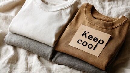Neatly folded breathable cotton tees in white, gray, and brown colors, showcasing soft textures and a stylish label, perfect for casual wear and everyday comfort